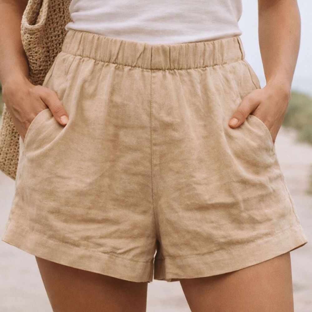 C&C California Linen Lyocell Shorts Tan Elastic Waist Pockets Summer Beach Sz M